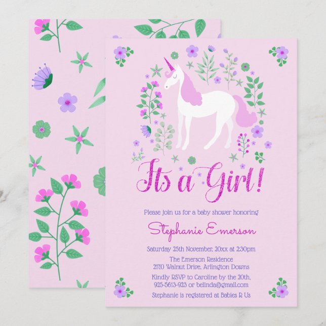 Unicorn sin inbjudan till Rosa Baby Shower (Fram/baksida)