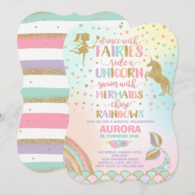 Unicorn Sjöjungfru and Fairy Birthday bjudande Inbjudningar (Fram/baksida)