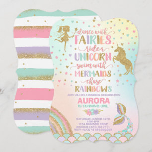 Unicorn Sjöjungfru and Fairy Birthday bjudande Inbjudningar
