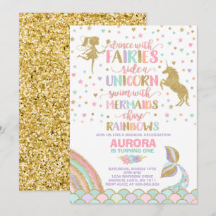 Unicorn Sjöjungfru and Fairy Birthday bjudande Inbjudningar