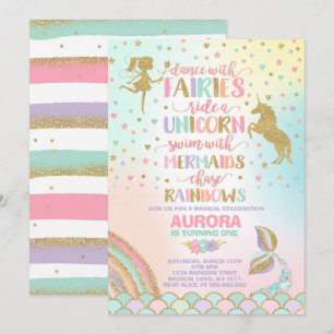 Unicorn Sjöjungfru and Fairy Birthday bjudande Inbjudningar