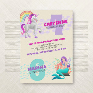 Unicorn Sjöjungfru Joint Dubbla Birthday-inbjudan Inbjudningar