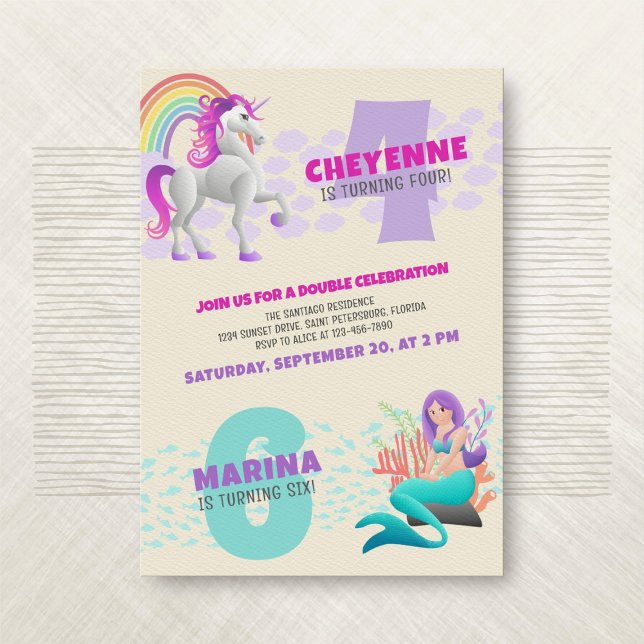 Unicorn Sjöjungfru Joint Dubbla Birthday-inbjudan Inbjudningar (Skapare uppladdad)