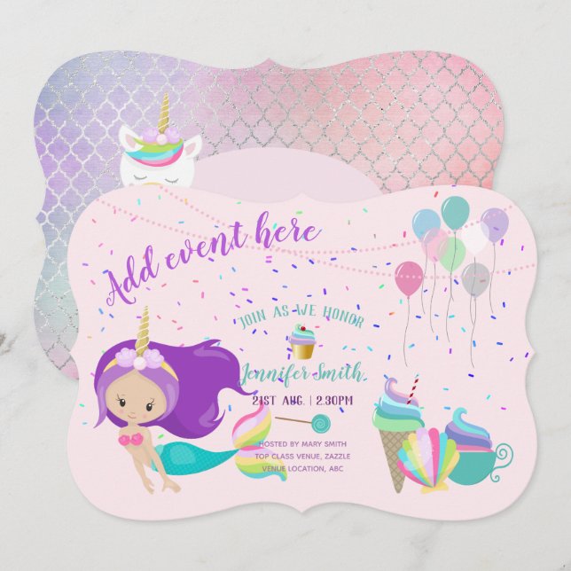Unicorn Sjöjungfru Princess Birthday Investigation Inbjudningar (Fram/baksida)