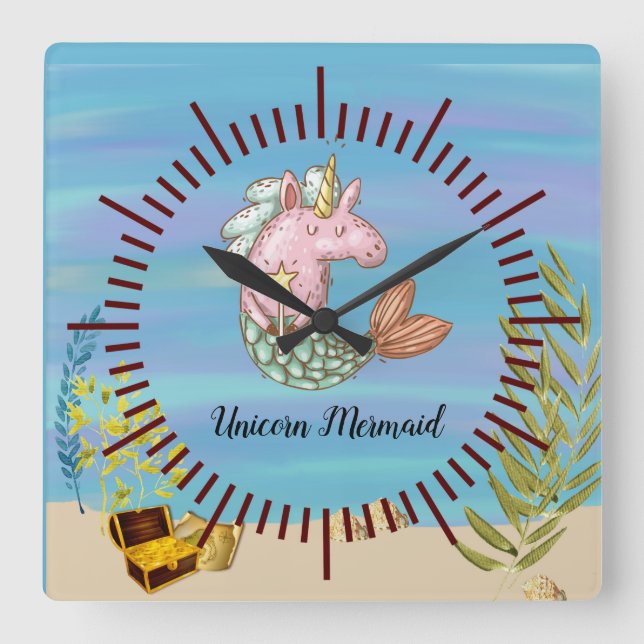 Unicorn Sjöjungfru Wall Clock Fyrkantig Klocka (Framsida)