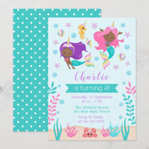 Unicorn Sjöjungfruars Birthday Mörk Skin Tone Inbjudningar