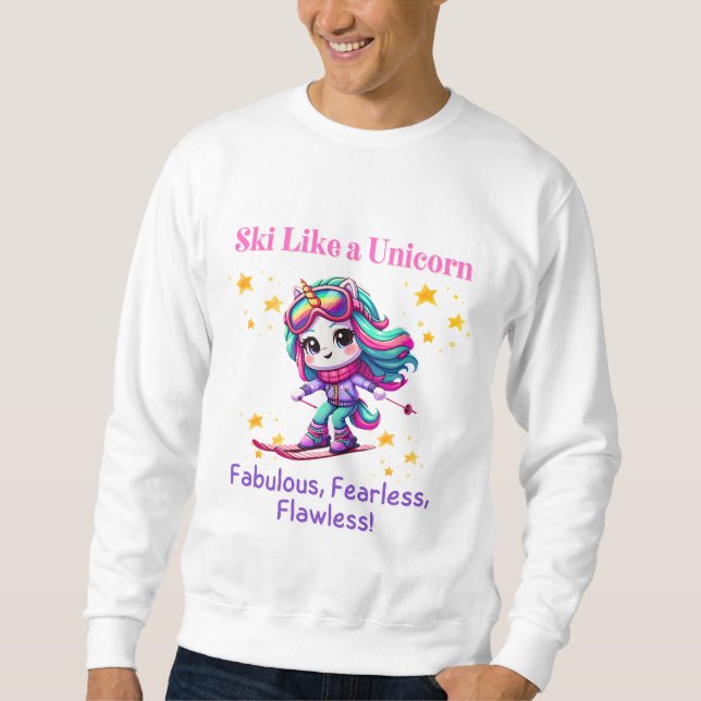 Unicorn skier vintersportmagiska berg lång ärmad tröja (Framsida)