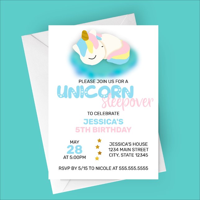 Unicorn Sleepover Barns födelsedag-partiets inbjud Inbjudningar (Unicorn Sleepover | Cartoon Sleeping Unicorn Birthday Party Invitation)