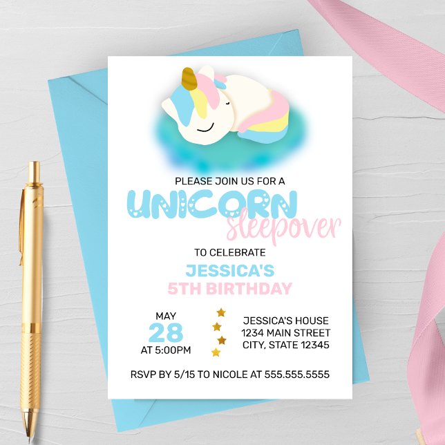 Unicorn Sleepover Barns födelsedag-partiets inbjud Inbjudningar (Skapare uppladdad)