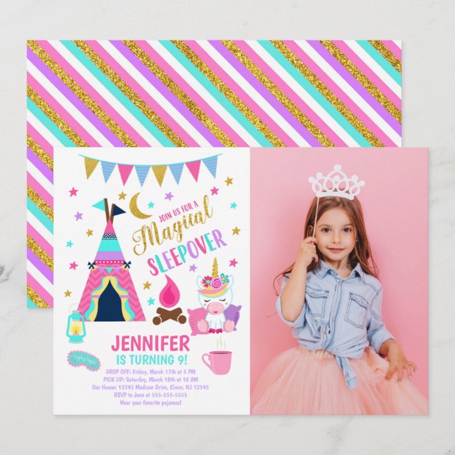 Unicorn Sleepover Party Birthday Invitation Inbjudningar (Fram/baksida)