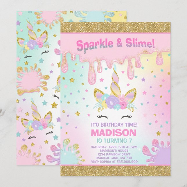 Unicorn Slime Birthday-inbjudan Slime Party Inbjudningar (Fram/baksida)