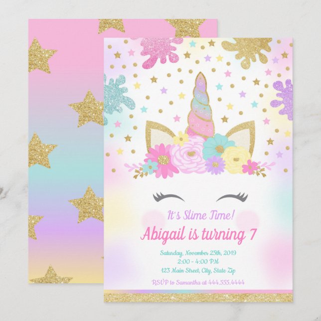 Unicorn Slime-inbjudan Slime Party Unicorn Inbjudningar (Fram/baksida)
