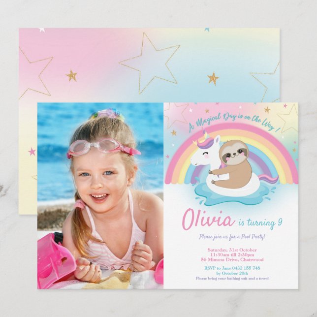Unicorn Sloth Bassäng Party Birthday Girl Foto Inbjudningar (Fram/baksida)
