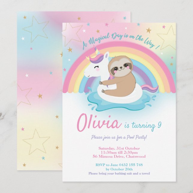 Unicorn Sloth Bassäng Party Birthday Investigation Inbjudningar (Fram/baksida)