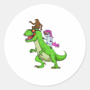 Unicorn Sloth Riding Dinosaur T Rex Cute Roligt Runt Klistermärke