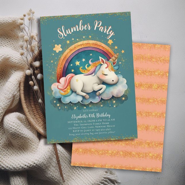 Unicorn Slumber Pajama Party Teal Girl Birthday Inbjudningar (magical unicorn child girls slumber pajama pj sleepover party invitation teal pink orange glitter)