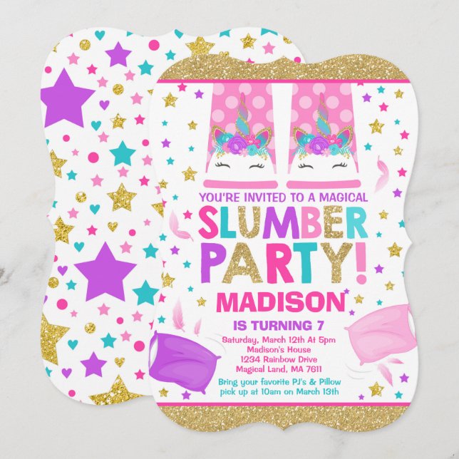 Unicorn Slumber Party Birthday-inbjudan Inbjudningar (Fram/baksida)