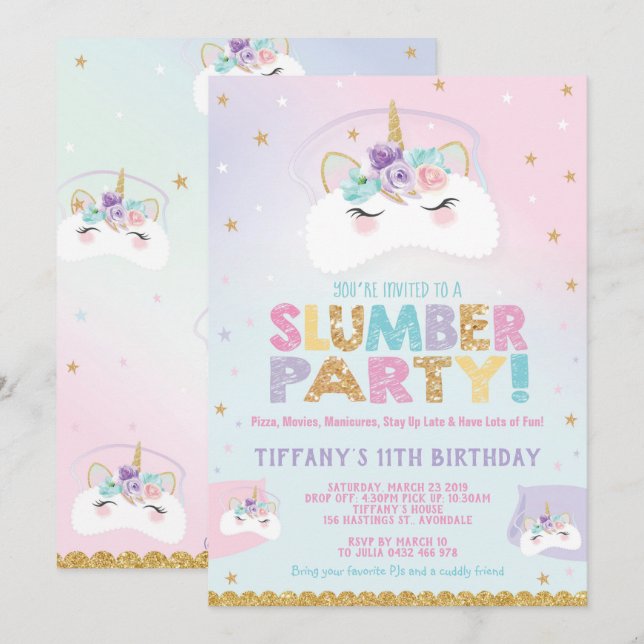 Unicorn Slumber Party Birthday-inbjudan Pajama Inbjudningar (Fram/baksida)