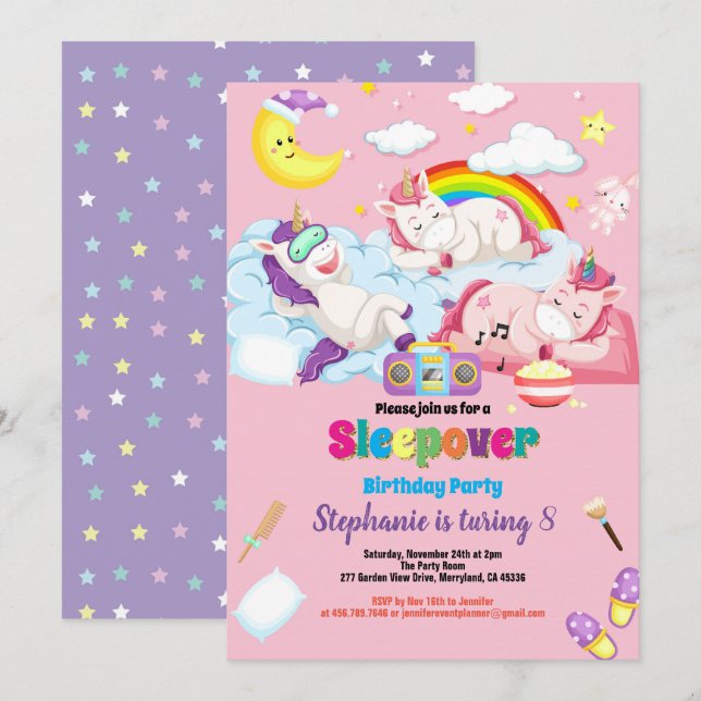 Unicorn slumber party födelsedag inbjudningar (Fram/baksida)