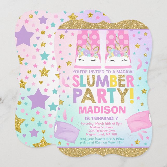 Unicorn Slumber Party födelsedagsinbjudan Inbjudningar (Fram/baksida)