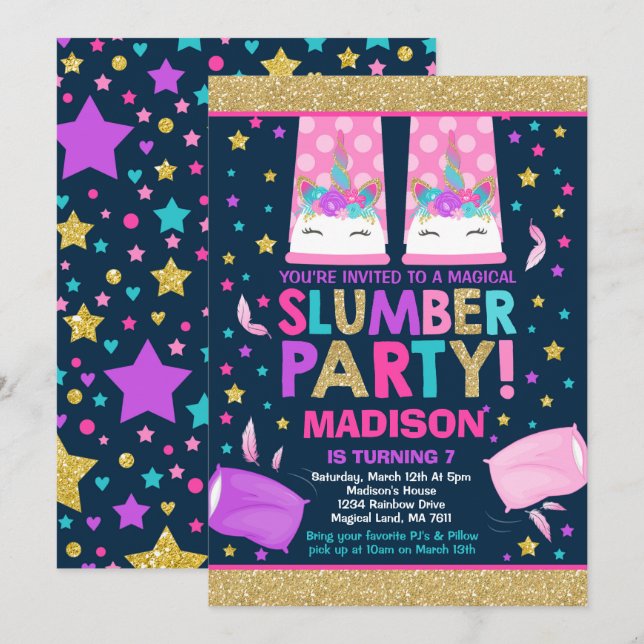 Unicorn Slumber Party födelsedagsinbjudan Inbjudningar (Fram/baksida)