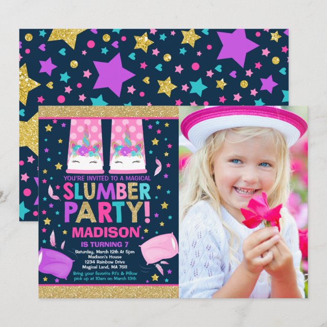 Unicorn Slumber Party födelsedagsinbjudan Inbjudningar (Fram/baksida)