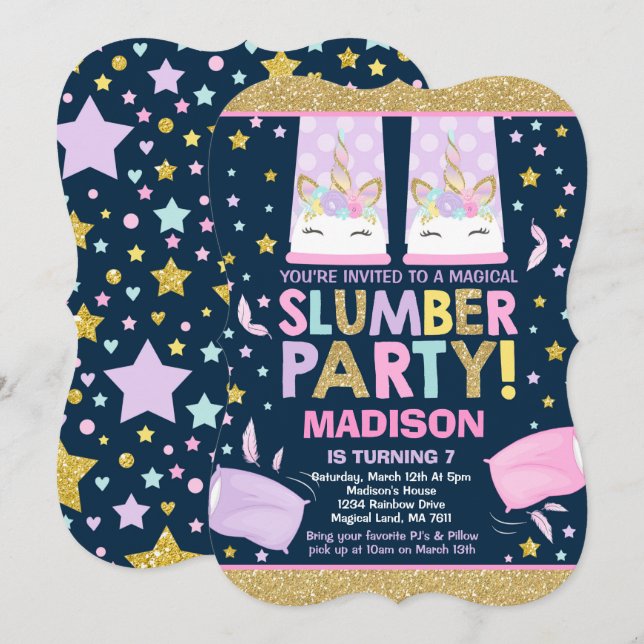 Unicorn Slumber Party födelsedagsinbjudan Inbjudningar (Fram/baksida)