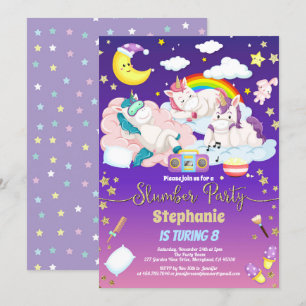 Unicorn slummer party födelsedagsljuver inbjudningar