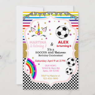 Unicorn & Soccer syskon födelsedag. Inbjudningar