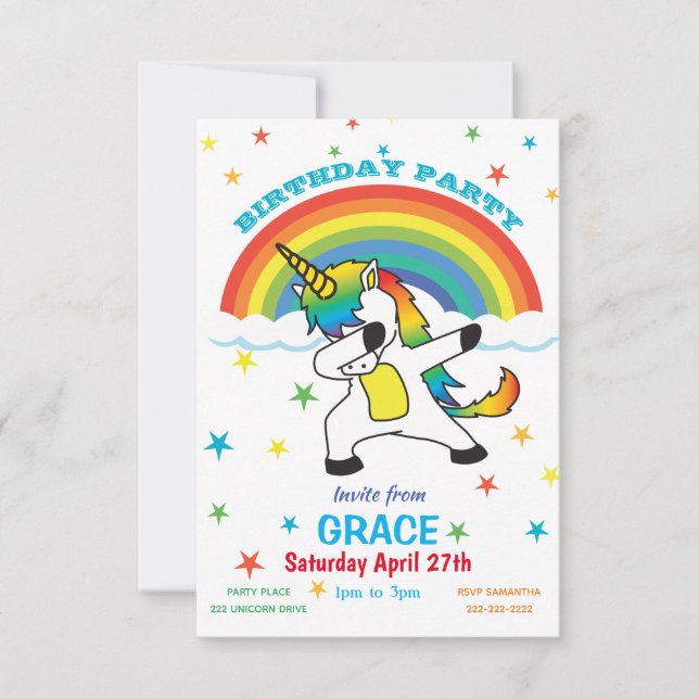 Unicorn som gör Dab Rainbow & Stars Inbjudan (Framsida)
