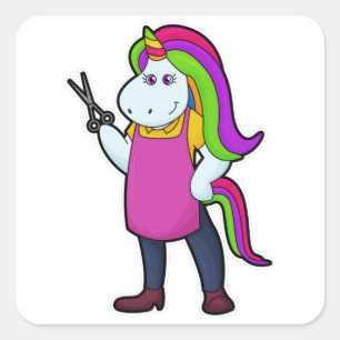 Unicorn som Hairdresser med saxar Fyrkantigt Klistermärke