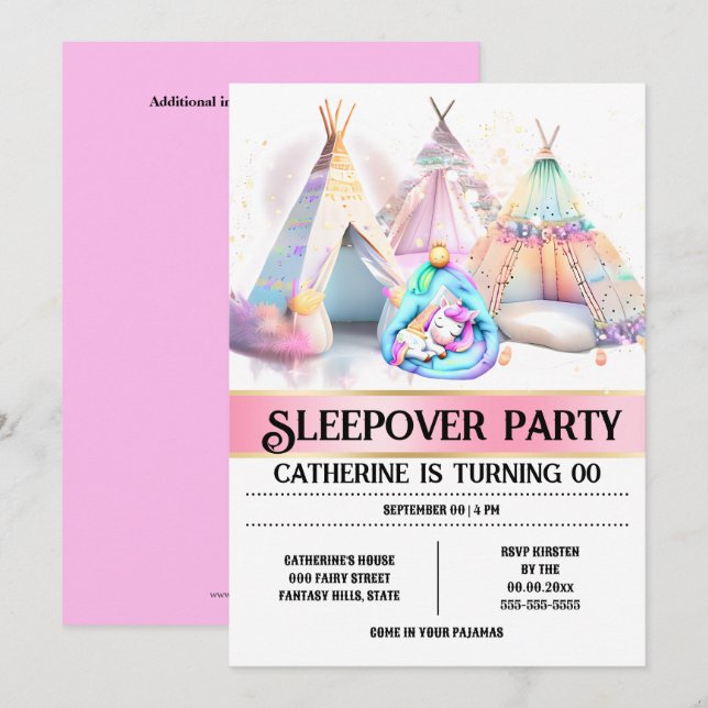 Unicorn-sovsäck, rosa, vit, giftig sömn inbjudningar (Fram/baksida)