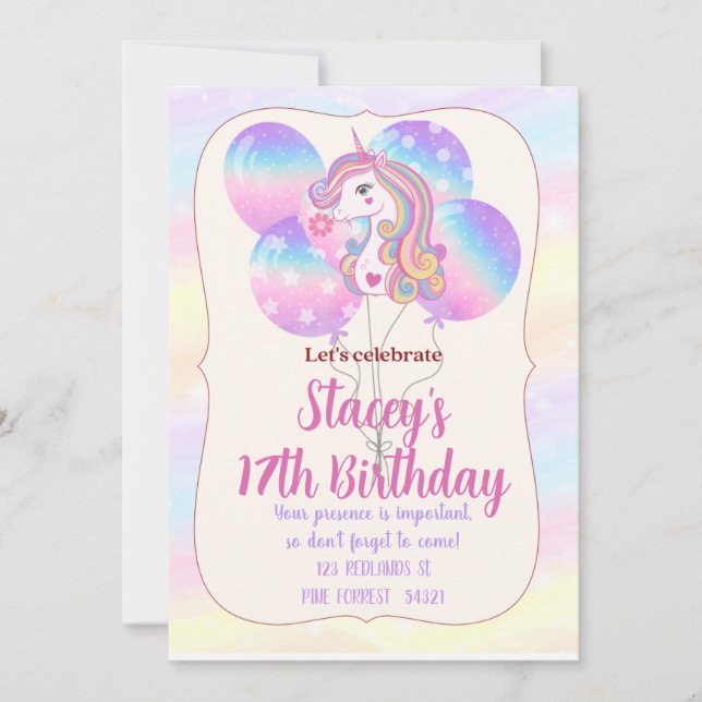 Unicorn Sparkles and Balloons Birthday-inbjudan Inbjudningar (Framsida)