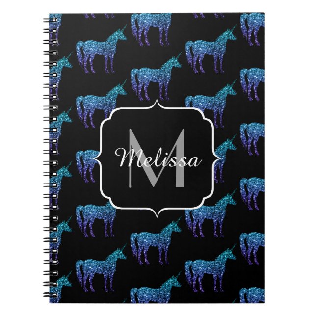 Unicorn Sparkles aqua blue ombre mönster Monogram Anteckningsbok (Framsidan)