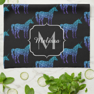 Unicorn Sparkles aqua blue ombre mönster Monogram Kökshandduk