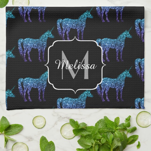 Unicorn Sparkles aqua blue ombre mönster Monogram Kökshandduk (Vikta)