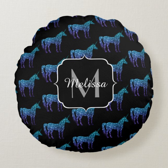 Unicorn Sparkles aqua blue ombre mönster Monogram Rund Kudde (Framsidan)