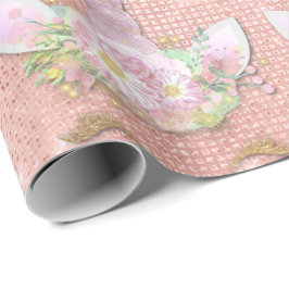 Unicorn Sparkly Glitter Rosa Guld Blommigt Girly Presentpapper