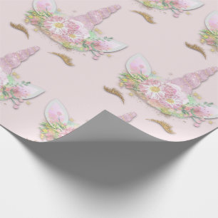 Unicorn Sparkly Glitter Rosa Guld Blommigt Pastel Presentpapper