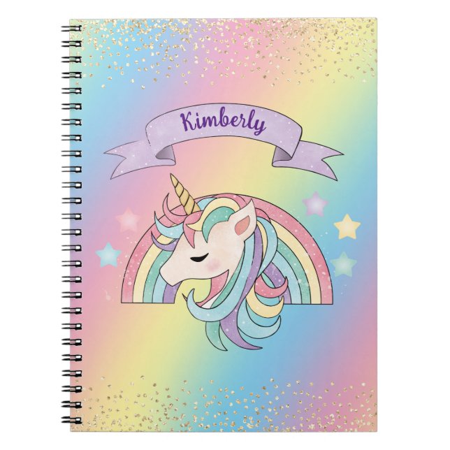 Unicorn & Sparkly Rainbow med Guld Glitter Anteckningsbok (Framsidan)