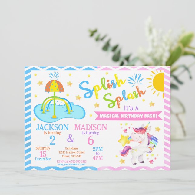 Unicorn & Splash Pad Joint Birthday | Water Park Inbjudningar (Stående Fram)