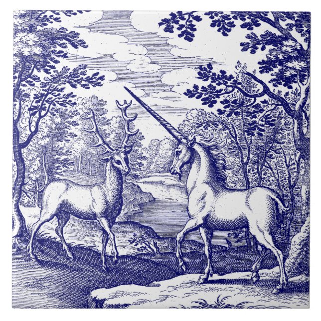 Unicorn & Stag Blue & White Kakelplatta (Framsidan)