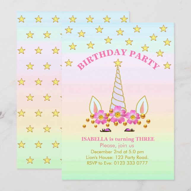 Unicorn, Stars, Flowers och Confetti Birthday Inbjudningar (Fram/baksida)