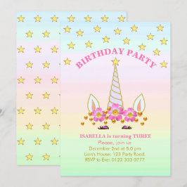 Unicorn, Stars, Flowers och Confetti Birthday Inbjudningar