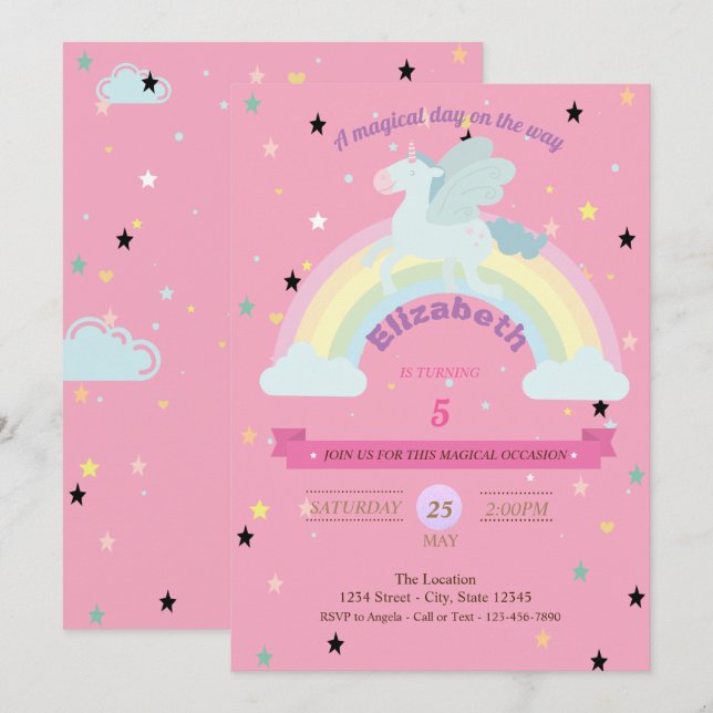 Unicorn, Stars Rainbow Birthday-inbjudan Inbjudningar (Fram/baksida)