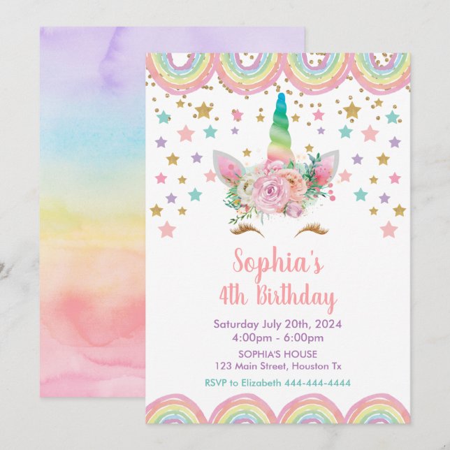 Unicorn stars rainbow Birthday Invitation Inbjudningar (Fram/baksida)