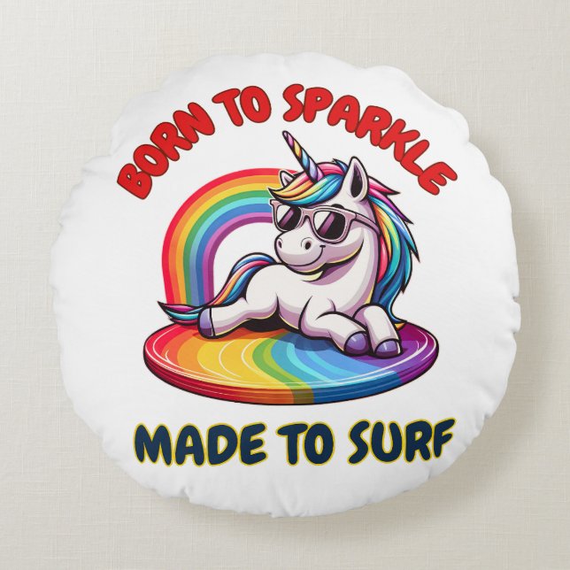Unicorn Surfer Rainbow Surfing Coola Rund Kudde (Framsidan)