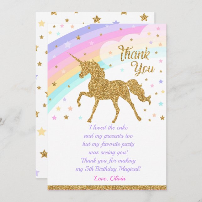 Unicorn Tack You Card, födelsedagstack. Inbjudningar (Fram/baksida)