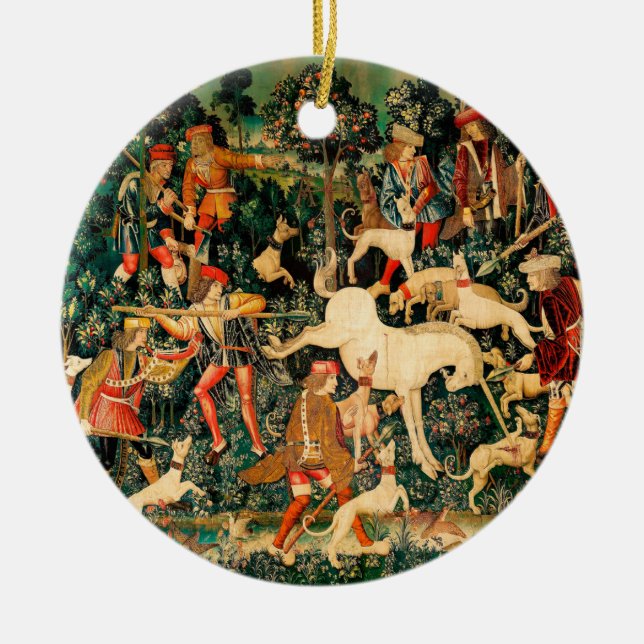 Unicorn Tapestries Medieval Classic försvarar Hunt Julgransprydnad Keramik (Framsidan)