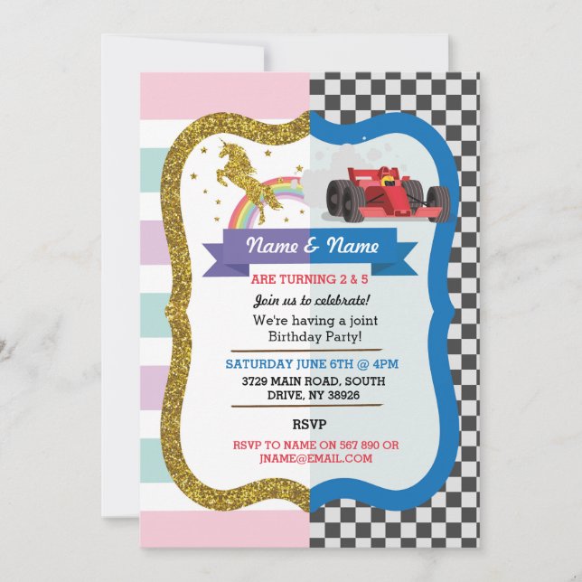 Unicorn & Tävling Car Joint Boy Birthday Inbjudan (Framsida)